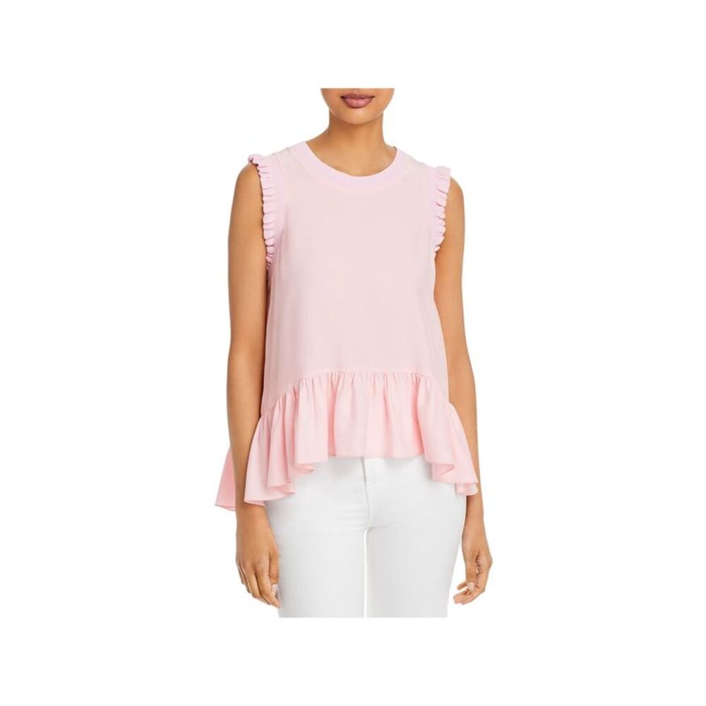 CINQ A SEPT Womens Pink Ribbed Sleeveless Crew Neck Peplum Top S
